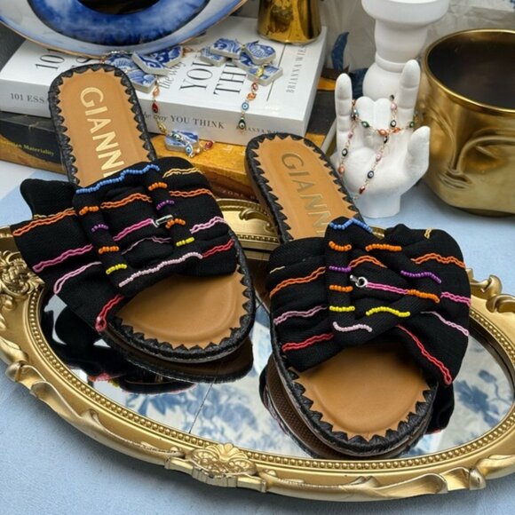 🆕 GIANNI BINI 🧿 NWOB JaxsonTwo Black & Rainbow Striped Linen Slide Sandal, Sz6 - Picture 4 of 15